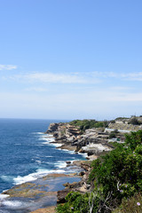 View of Bronte Beach rocks coastal area, NSW, Australia