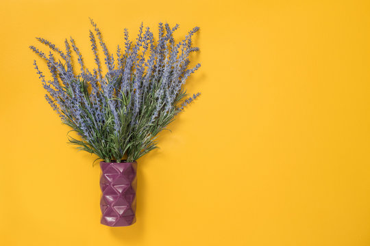 Fototapeta Blue lavender in a vase on yellow background