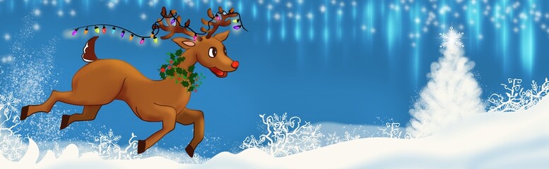 Winter Reindeer wide panorama banner header holiday, Christmas snow scene 