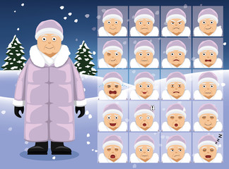 Winter Old Woman Cartoon Emotion faces Vector Illustration