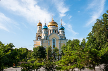 Russia, Vladivostok, July 2018: Cathedral of Intercession of  Holy Virgin