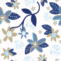 Elegant seamless vector floral pattern, blue, gold and white with filigree. Could be used for sophisticated occasions, weddings,textiles, decorations, invitations, fashion and home decor design.