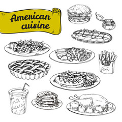 hand drawn vector illustration, a set of basic American cuisine. Traditional American cuisine