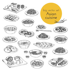 Vector hand drawn black and white illustration with a set of Asian dishes . Japanese, Chinese and Korean cuisine.