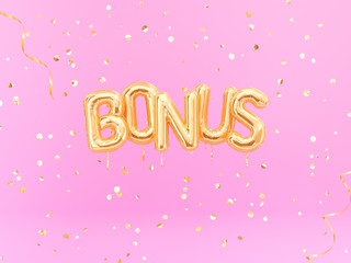 Bonus sign letters with golden confetti. Banner word bonus design pink background. 3d rendering