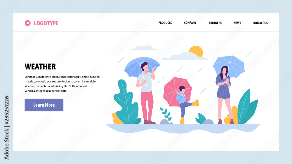 Aufkleber vector web site gradient design template. happy family walking in the rain in park. weather on fall 