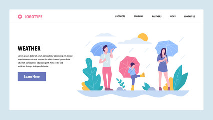 Vector web site gradient design template. Happy family walking in the rain in park. Weather on fall season day. Landing page concepts for website and mobile development. Modern flat illustration.