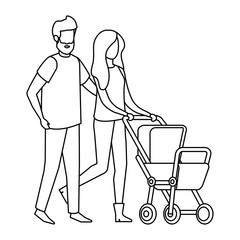 parents couple with cart baby characters