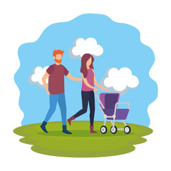 parents couple with cart baby characters