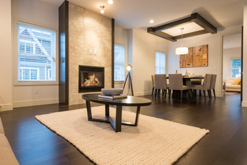 Spacious bright living room and dining room with a fireplace. Interior design.