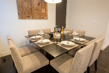 Bright dining room set for dinner. Interior design.