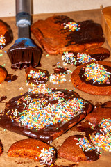 Preparing cookies with hot brown delicious molten chocolate and coarse sugar
