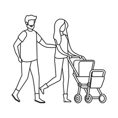 parents couple with cart baby characters