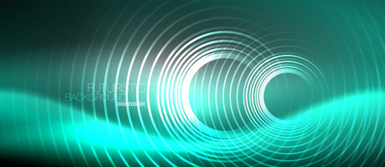 Neon circles abstract background, shiny lines
