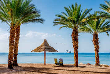 Relaxing  atmosphere on central public beach of Eilat - famous tourist resort  and recreational city in Israel. Concept of healthy and happy vacation

