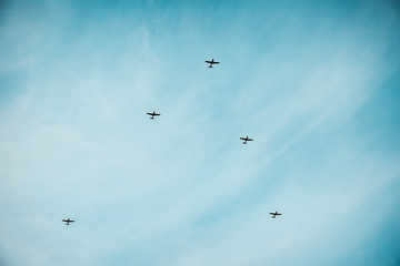 Jet aircrafts aerobatic group at blue sky during Air Show