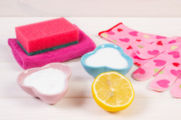 Natural, nontoxic detergents with accessories using at home for cleaning, household duties