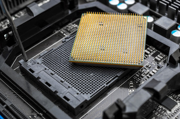 Central processor laying on motherboard. Close up.