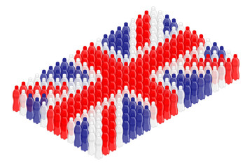 Isometric beverage plastic bottle in row, United Kingdom national flag shape concept design illustration isolated on white background, Editable stroke