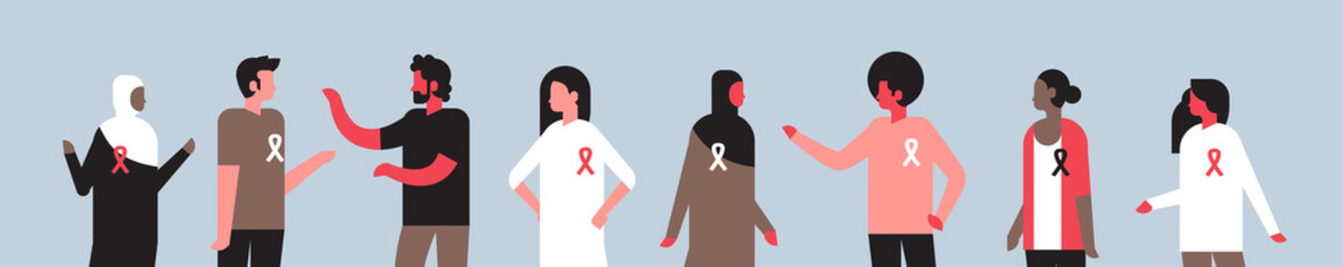 World AIDS day awareness mix race people group portrait with red ribbon sign over gray background medical prevention poster horizontal flat