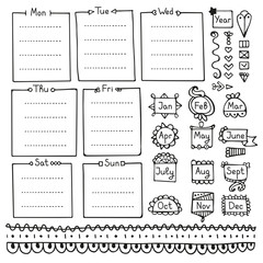 Bullet journal hand drawn vector elements for notebook, diary and planner. Doodle frames isolated on white background. 