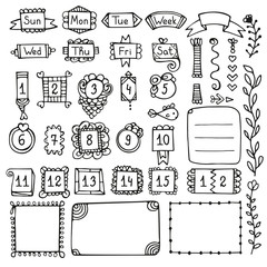 Bullet journal hand drawn vector elements for notebook, diary and planner. Doodle frames isolated on white background. 