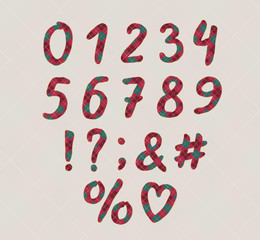 Alphabet plaid design. Hand brush font. Numbers and punctuation marks. EPS 10