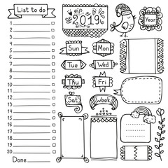 Bullet journal hand drawn vector elements for notebook, diary and planner. Doodle frames isolated on white background. 