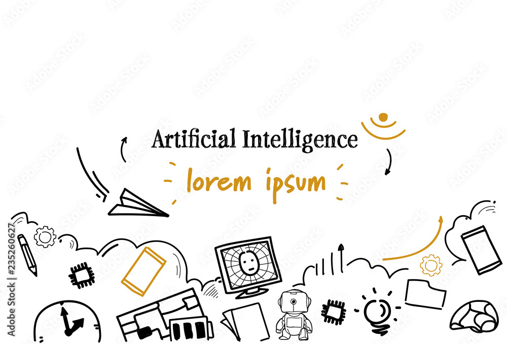 Poster modern robotic technology assistance artificial intelligence concept sketch doodle horizontal isolat