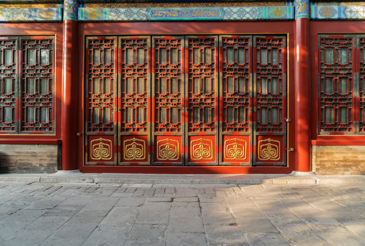 Traditional Chinese doors in The Palace Museum ，Beijing, China