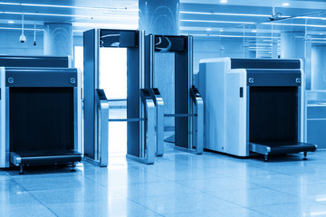 Airport security check point with metal detector