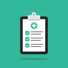 Medical clipboard with completed checklist. Hospital checkup document. Vector illustration in flat style.