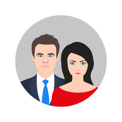 Obraz na płótnie Canvas Man and woman icon with realistic faces. Male and female couple. Gentleman and lady or husband with wife user avatar. Vector illustration.