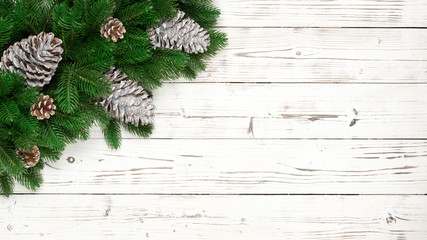 Christmas Fir tree branches and pine cones background