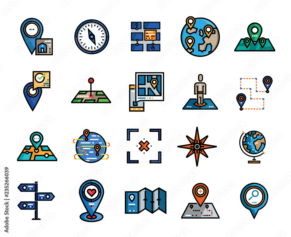 Poster set map icon collection vector