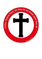 A Crucifix in a circle with a halftone screen effect in the back symbolizing the light, and a Gospel quote around