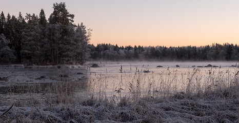 River landscape in a frosty morning