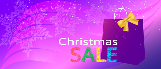 New Year's advertising lilac banner. Christmas sale, lilac gift bag.