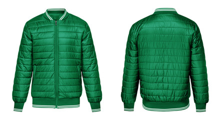 Blank template green jacket bomber with white stripe, front and back view isolated on white...