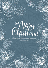 Christmas sketch hand drawn illustration with pine tree branches and cones.Vector eps10 illustration for your design.