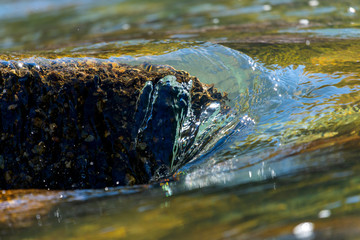 Water mountain river and the wonderful rocky creek. Water Drops after splash. Closeup macro view