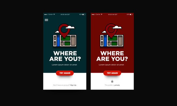 Where Are You Page Design with Location Pin and Map for Phone App or Web