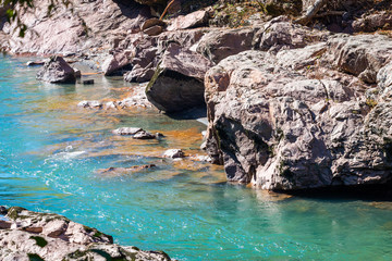 Landscape with a Belaya river flowing through canyon in Adygea