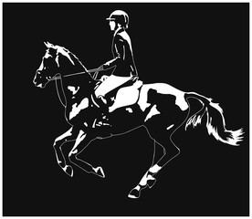 Equestrian sport. Silhouette of a rider cantering on a horse in the light.