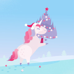 A Christmas unicorn in a Santa Claus hat carries a decorated Christmas tree home. Gentle pink and blue colors. Flat cartoon style illustration with textures and gradients