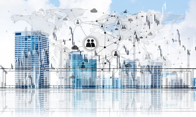 Concept of global communication and networking with world map over cityscape