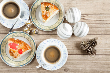 Two cut pieces of Spanish typical dessert of epiphany from above
