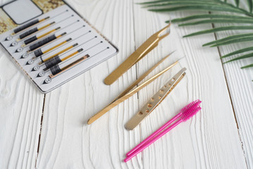 Instruments: Beauty and fashion concept - Eyelash Extension Procedure. Tools for eyelash extension. False eye lashes, glue, tweezers