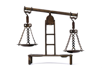 bronze antique scales isolated on white background, symbol of justice