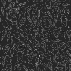 Small children eating ice cream. Sweet strawberry candy for kids. Tasty vanilla, orange, kiwi dessert.